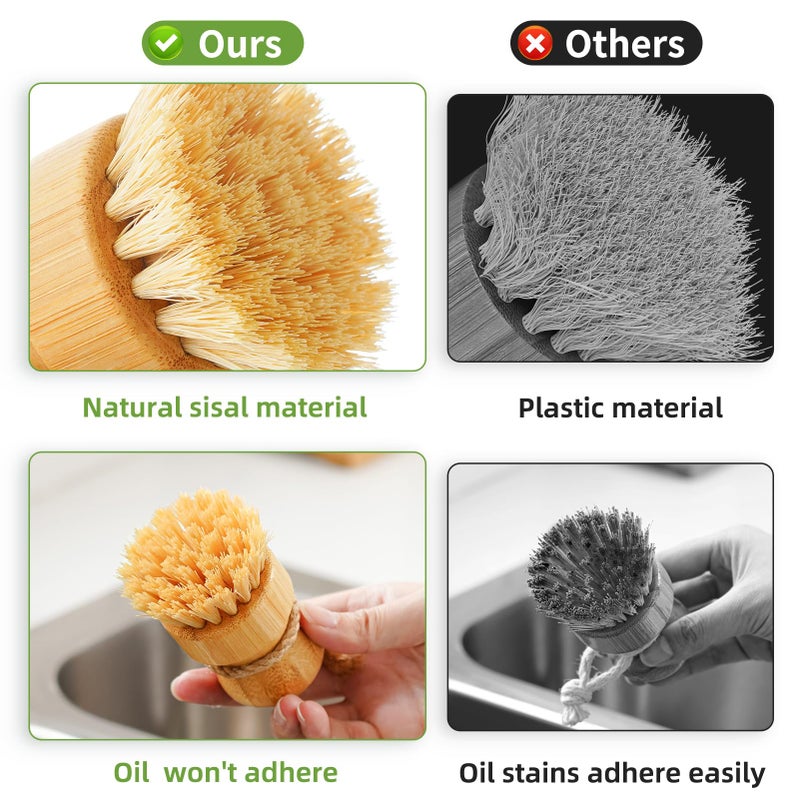 SUBEKYU Bamboo Dish Scrub Brushes  Bubble Up Bamboo Dish Brush Set with Brush Tray  Kitchen Wooden Cleaning Scrubbers Set for Washing Cast Iron Pan/Pot  Natural Sisal +Coconut Palbristles  Set of 2 - Image 3
